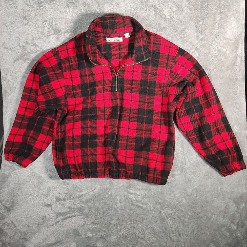 ME SPORT Plaid Fleece Pullover Jacket Men's XL Red Black 1/4‎ Zip
